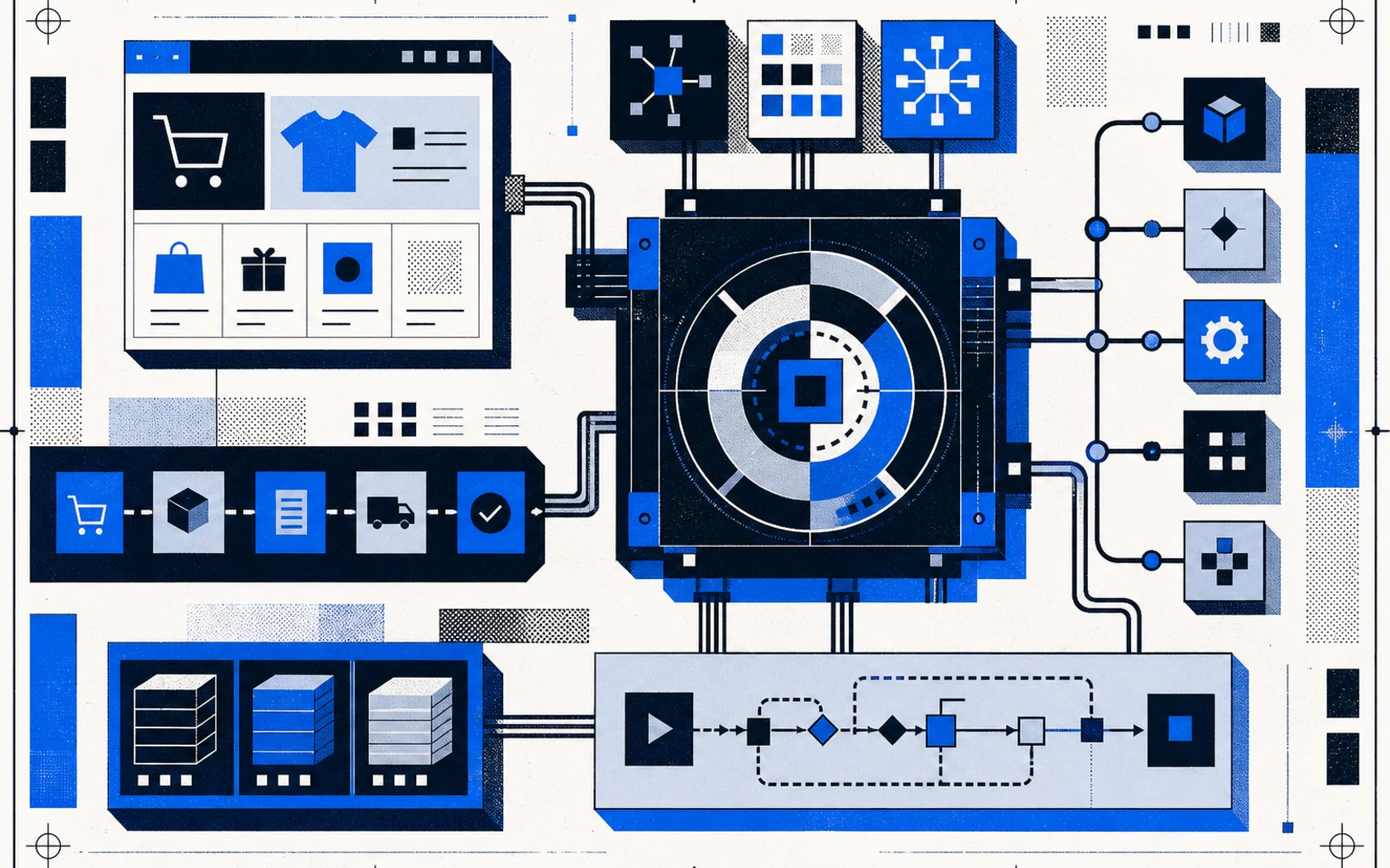 Abstract commerce system connecting storefront, catalog, automation and operations